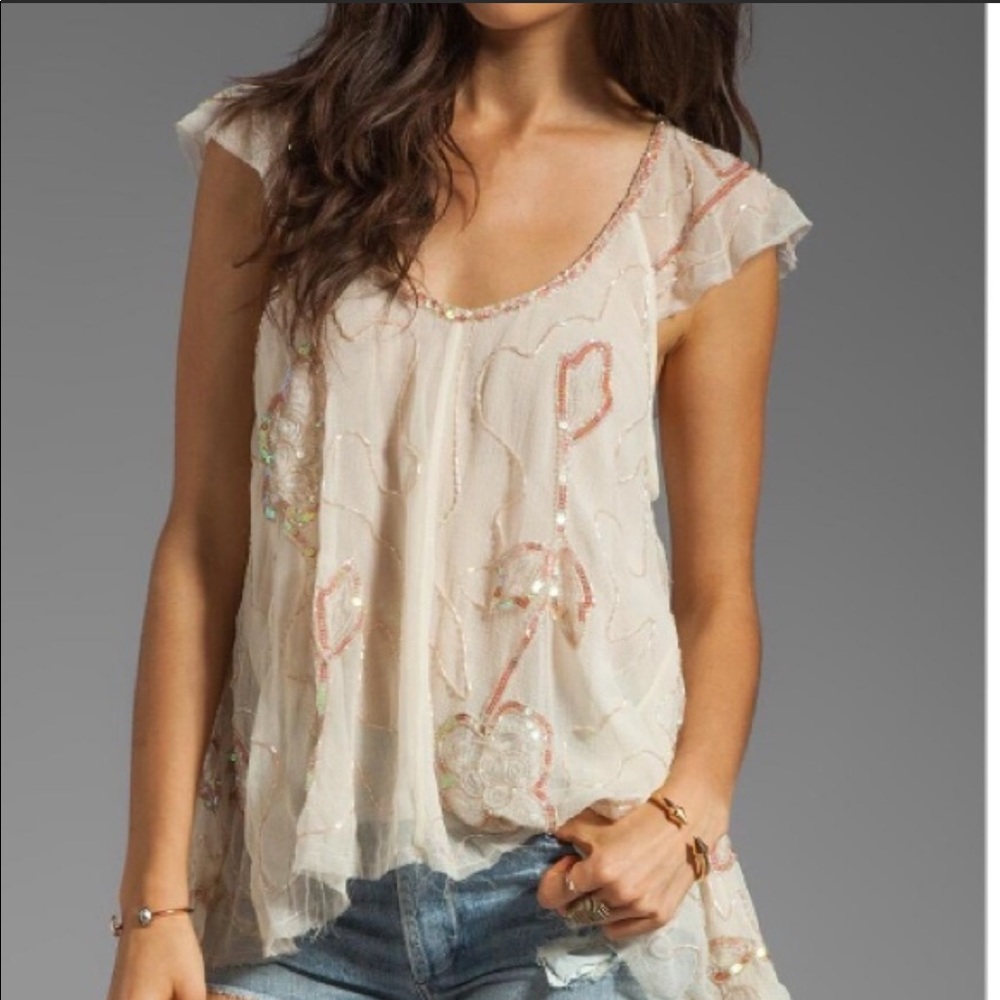 Free People Cream Beaded Floral Cap-Sleeve Top